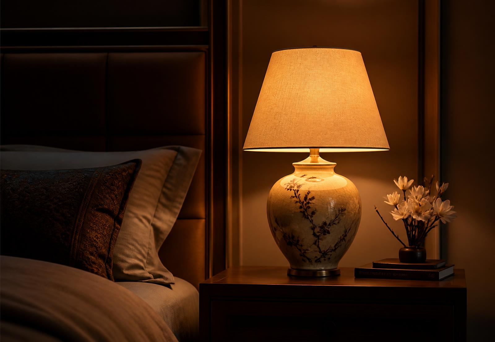 Lampada da comodino accesa in una camera da letto